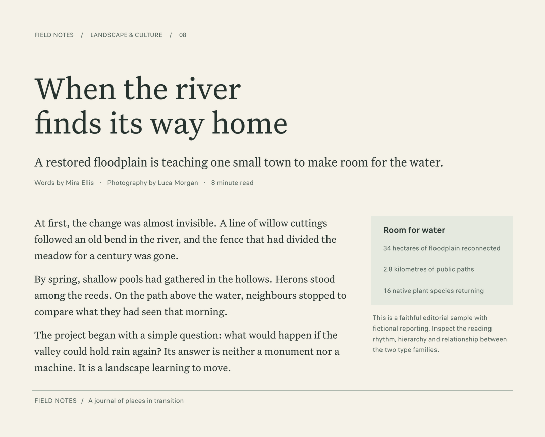 Editorial page with a serif headline and body, sans-serif labels and a sidebar