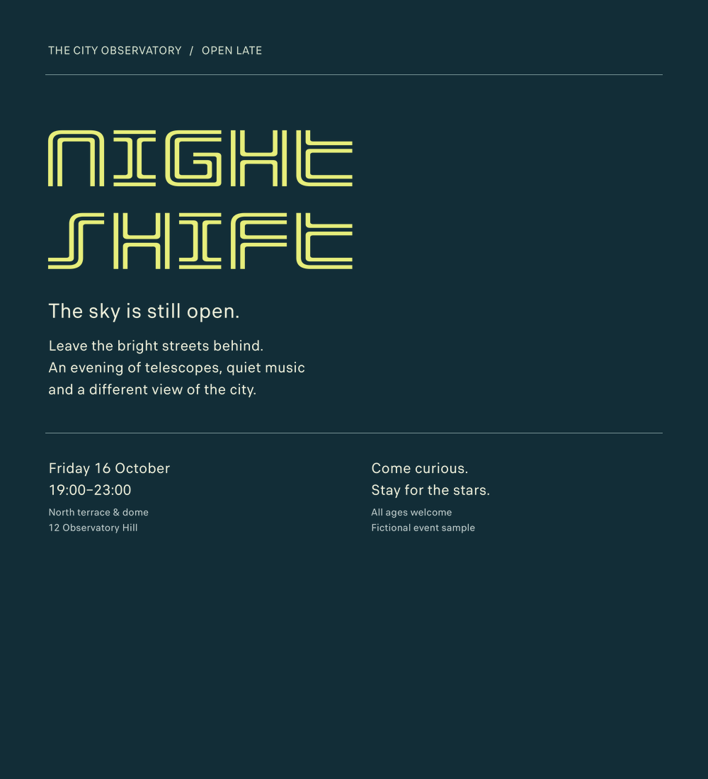 Night Shift observatory poster using distinctive outlined display lettering